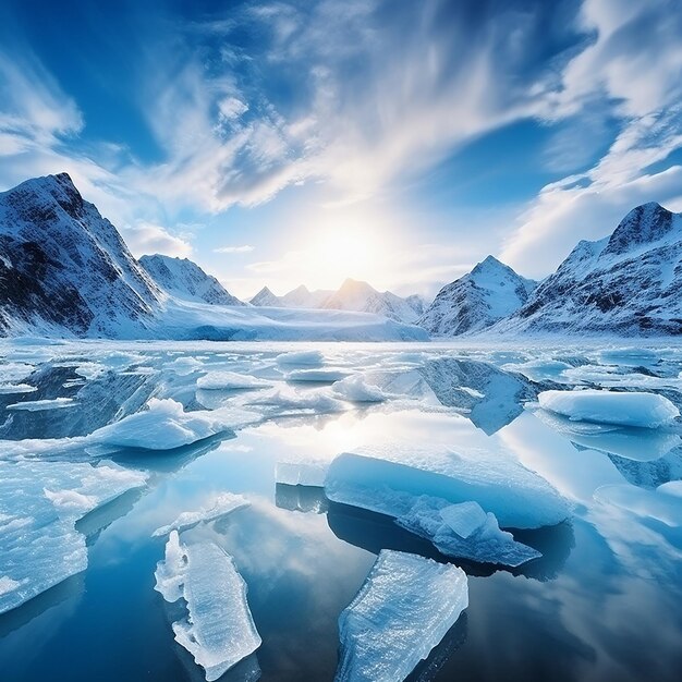Photo beau paysage de blocs de glace sur le lac entre les montagnes
