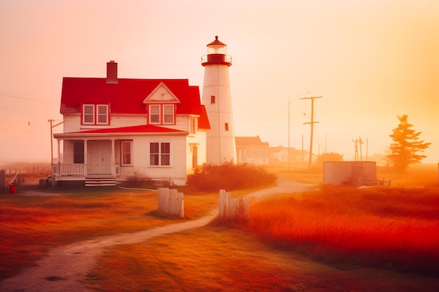 Beau paysage brumeux du matin avec phare