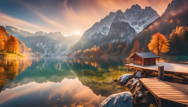 Photo un beau paysage avec une cabane sur le lac