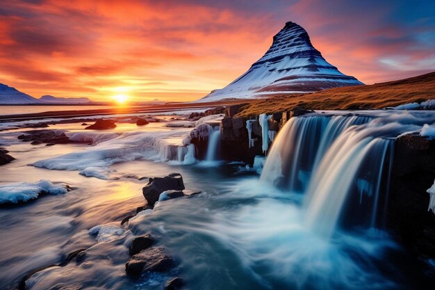 un beau paysage avec une cascade et un ciel au coucher du soleil