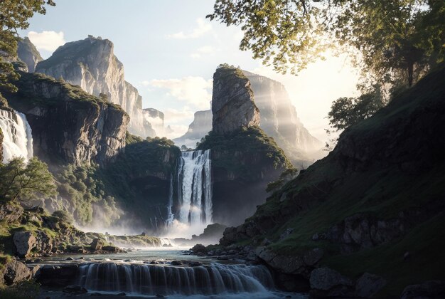 Le beau paysage de la cascade le matin