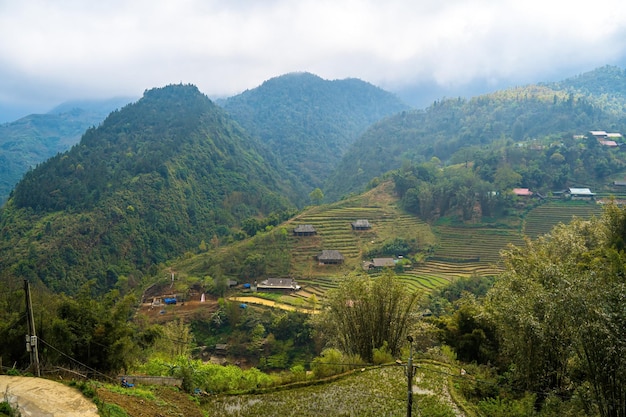 Beau paysage de Cat Cat villagea village culturel des hautes terres à Sapa Rizières en terrasses rizières destination de randonnée touristique populaire