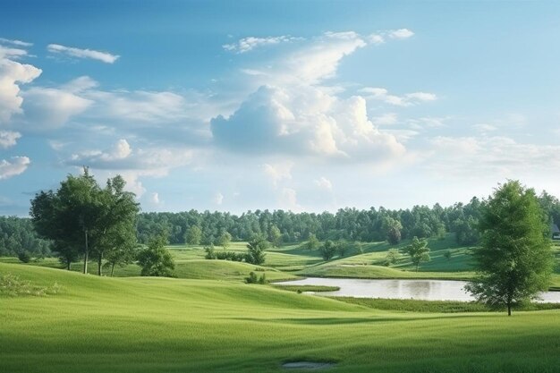 Beau paysage de champ vert et ciel nuageux