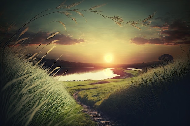 Beau paysage de coucher de soleil dans l'herbe le jour du printemps