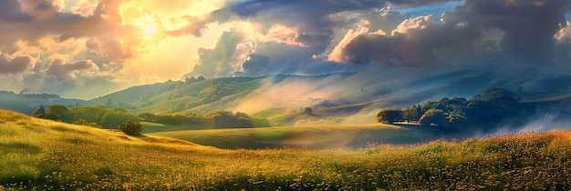 Le beau paysage du paradis, le ciel et les nuages, la nature, l'herbe, le pré, la rivière, le fond, le papier peint.