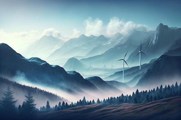 Beau paysage avec des éoliennes et des montagnes dans le brouillard Generative AI