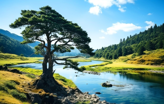 Photo beau paysage d'été avec un arbre solitaire au sommet d'une montagne et un lac