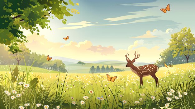 Photo un beau paysage d'été avec un cerf debout dans un champ de fleurs