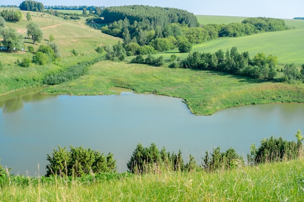 Beau paysage d'été Forêts sur la colline et les lacs. Paysage de nature campagne verte d'été. Le lac sous la forêt.