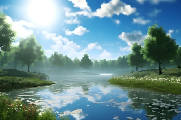 Beau paysage d'été avec un lac et des arbres rendu en 3D