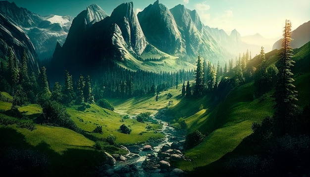 Beau paysage d'été de montagne avec des collines verdoyantes