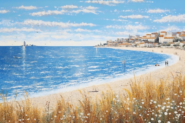 Beau paysage d'été avec une plage de sable, la mer et le ciel bleu.