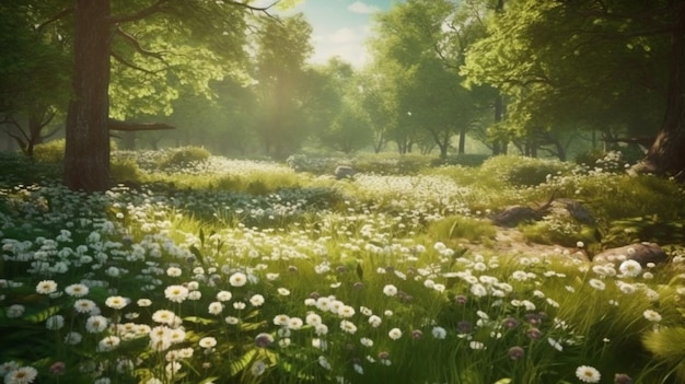 Beau paysage d'été avec des rayons de soleil et des marguerites blanches ai générative