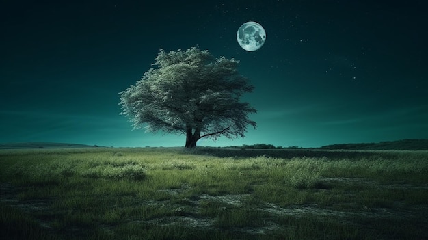 Beau paysage fantastique avec arbre et pleine lune ai générative