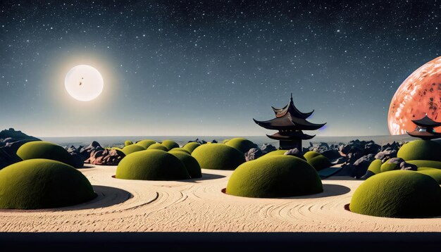 Photo beau paysage fantastique avec la lune et le bâtiment traditionnel chinois rendu en 3d