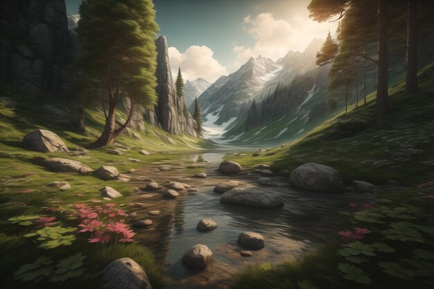 Beau paysage fantastique avec une rivière dans les montagnes ai génératif