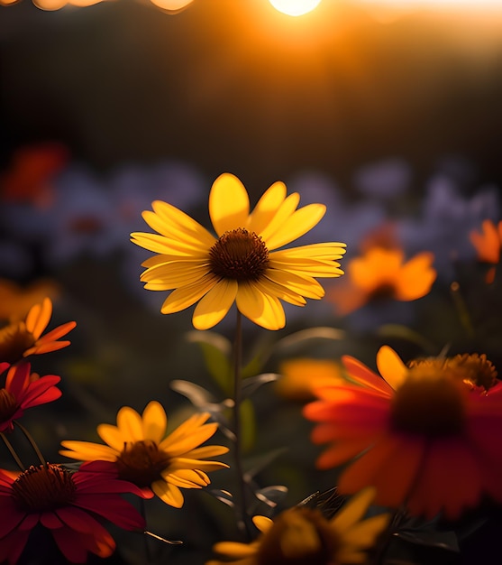 Photo beau paysage de fleurs de printemps avec des marguerites