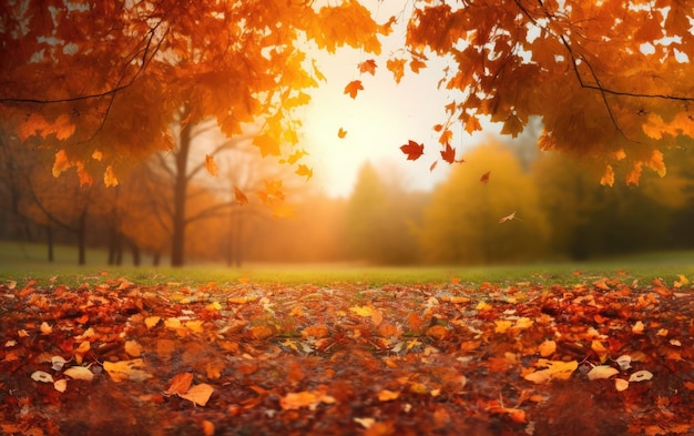 Beau paysage de fond d'automne Les feuilles volent dans le vent en automne doré Generative AI