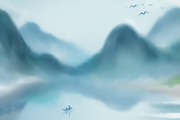 Beau Paysage Fond Illustration Soleil Montagne Oiseau Rivière Lac Bateau Aquarelle Papier Peint