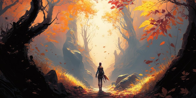 Beau paysage de forêt d'automne soleil brillant femme chevalier fond clair nature