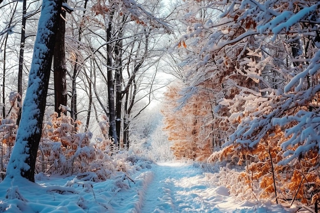 Beau paysage d'une forêt avec beaucoup de sapins couverts de neige un jour d'hiver froid