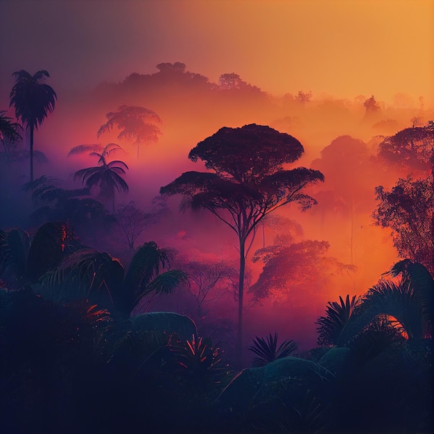 Beau paysage de forêt de jungle brumeuse au coucher du soleil ou au lever du soleil Generative AI