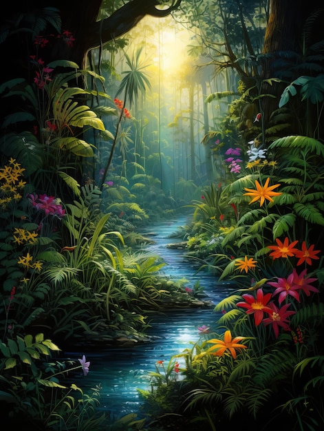 Photo beau paysage de forêt tropicale peinture numérique de la jungle sombre illustration jeu d'arrière-plan