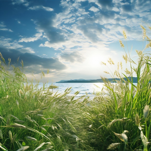 Photo beau paysage avec de l'herbe sur le lac et un ciel bleu avec des nuages