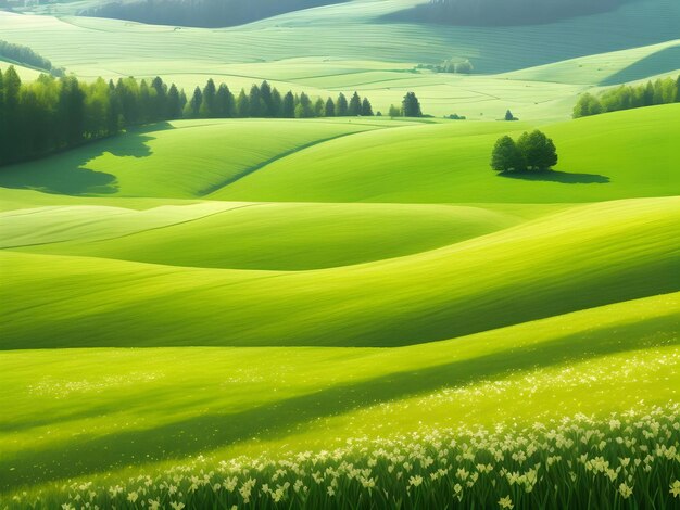 Beau paysage d'herbe de prairie vallonnée isolé fond blanc ai générative