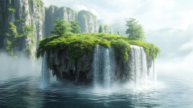 Beau paysage avec de l'herbe verte et des chutes d'eau des montagnes sur fond blanc illustration d'île forestière flottante en 3D