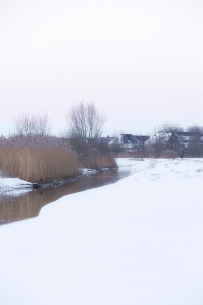 Beau paysage d'hiver au coucher du soleil avec brouillard et neige couvrant les terres agricoles et la rivière Pays-Bas