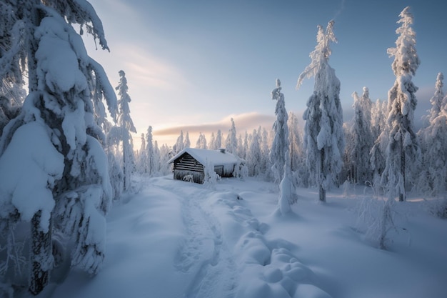 Beau paysage d'hiver avec cabane en bois et arbres couverts de neige en Laponie finlandaise