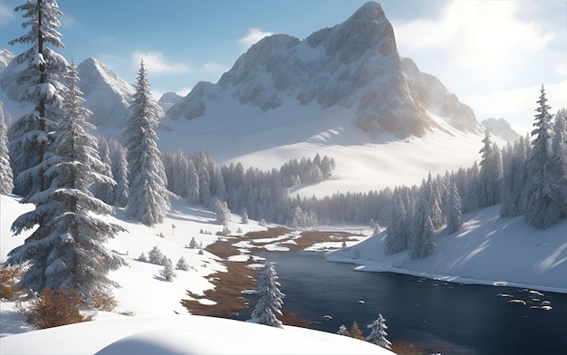 Beau paysage d'hiver avec un lac dans les montagnes