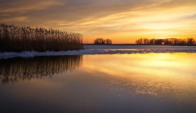 Beau paysage d'hiver avec rivière gelée, roseaux et ciel coucher de soleil. Composition de la nature.