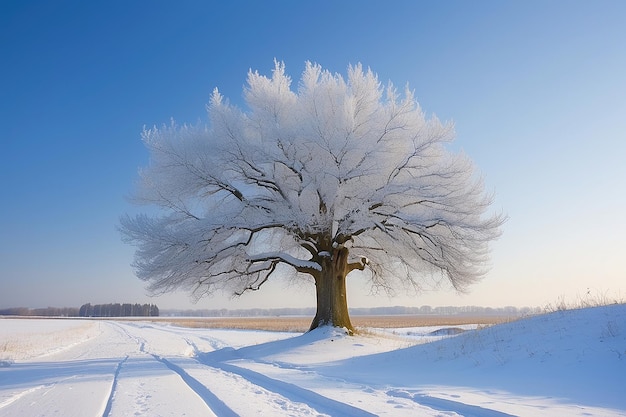beau paysage d'hiver rural avec un arbre et le ciel bleu