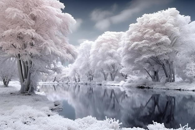 Photo beau paysage hivernal avec des arbres couverts de neige et un lac en corée du sud