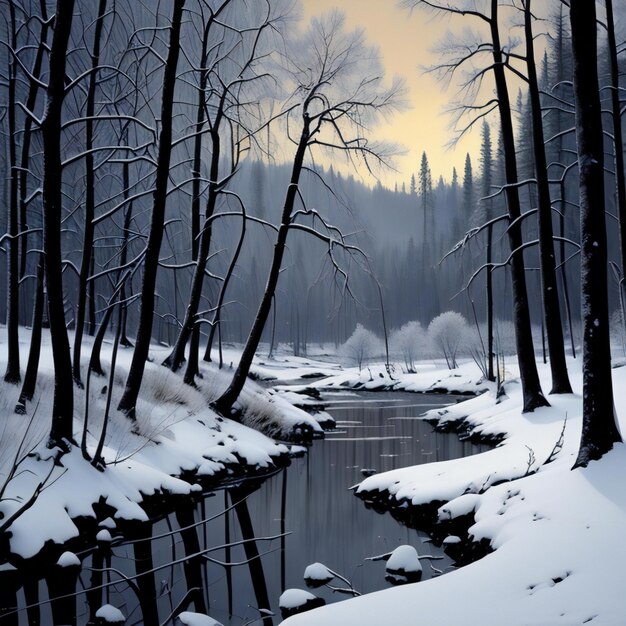 Beau paysage hivernal avec des arbres couverts de neige et une rivière dans la forêt