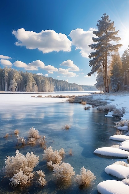 Beau paysage hivernal avec un lac gelé et une forêt de pins par une journée ensoleillée