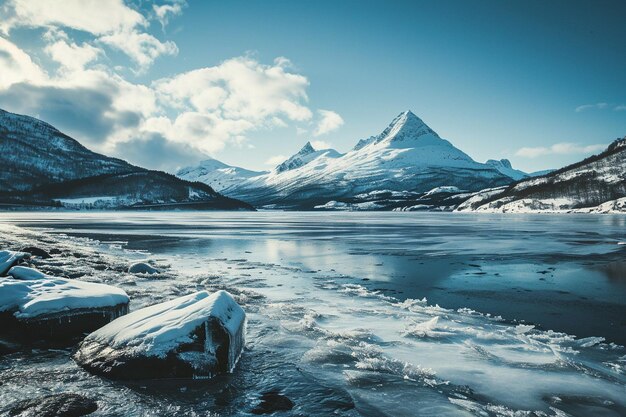 Beau paysage hivernal avec des montagnes enneigées et de l'eau glacée