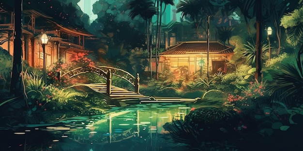 Beau paysage de jardin la nuit avec un grand croissant de lune peinture d'illustration de style art numérique