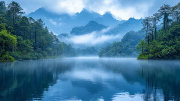 Beau paysage d'un lac dans les montagnes avec du brouillard et des arbres IA générative