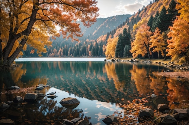 Beau paysage d'un lac entouré d'arbres aux couleurs de l'automne