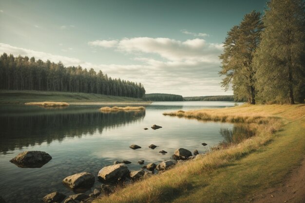 Beau paysage avec lac et forêt au lever du soleil style rétro