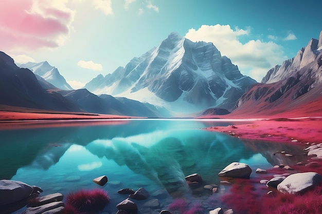 Beau paysage avec lac et montagnes illustration de rendu 3D