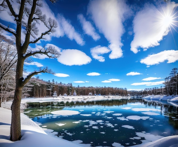 beau paysage avec lac et montagnes