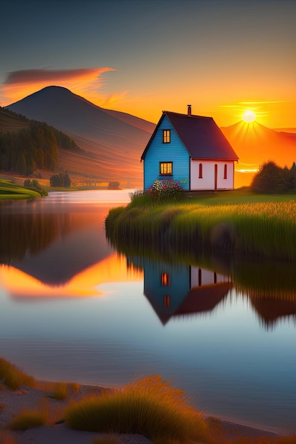 Beau paysage Le lever du soleil sur la rivière et la petite maison
