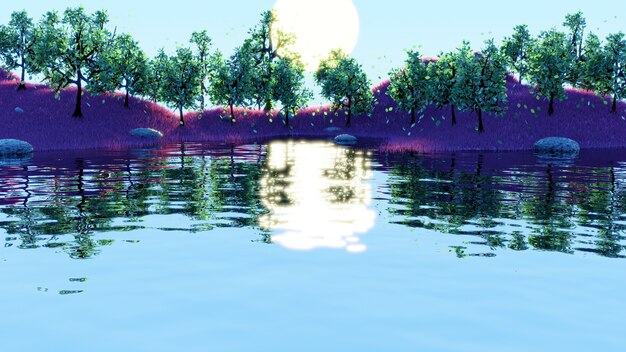 beau paysage de lever de soleil reflet du lac avec des arbres verts et des herbes roses en rendu 3d