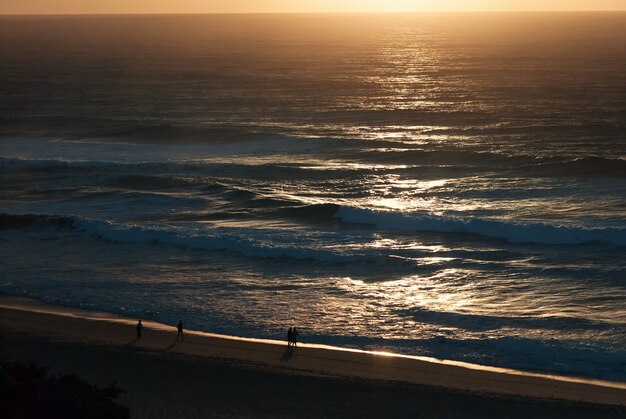 beau paysage marin, lever de soleil précoce sur la plage de l'océan, marche silhouettes de personnes