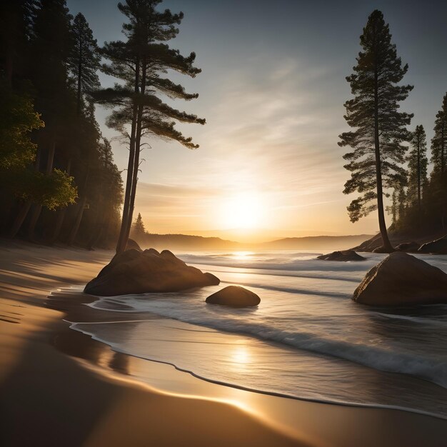 Beau paysage marin avec des pins au coucher du soleil composition de la nature générative ai