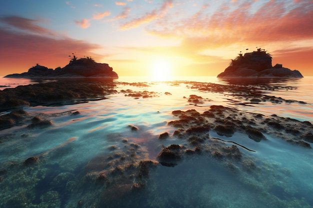 Beau paysage marin avec rochers et coucher de soleil